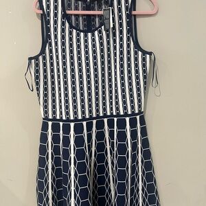 Fit and flare Elegant Navy and White Geometric Dress scallop bottom